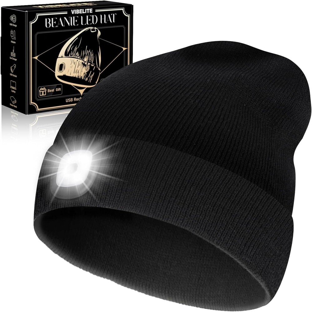 VIBELITE LED Beanie Hat Light USB Rechargeable Headlamp Black – Gift for Dad